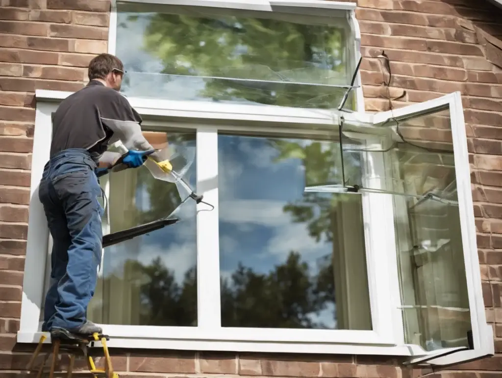 "Technician completing a window glass repair, carefully installing the new glass pane with precision and attention to detail."